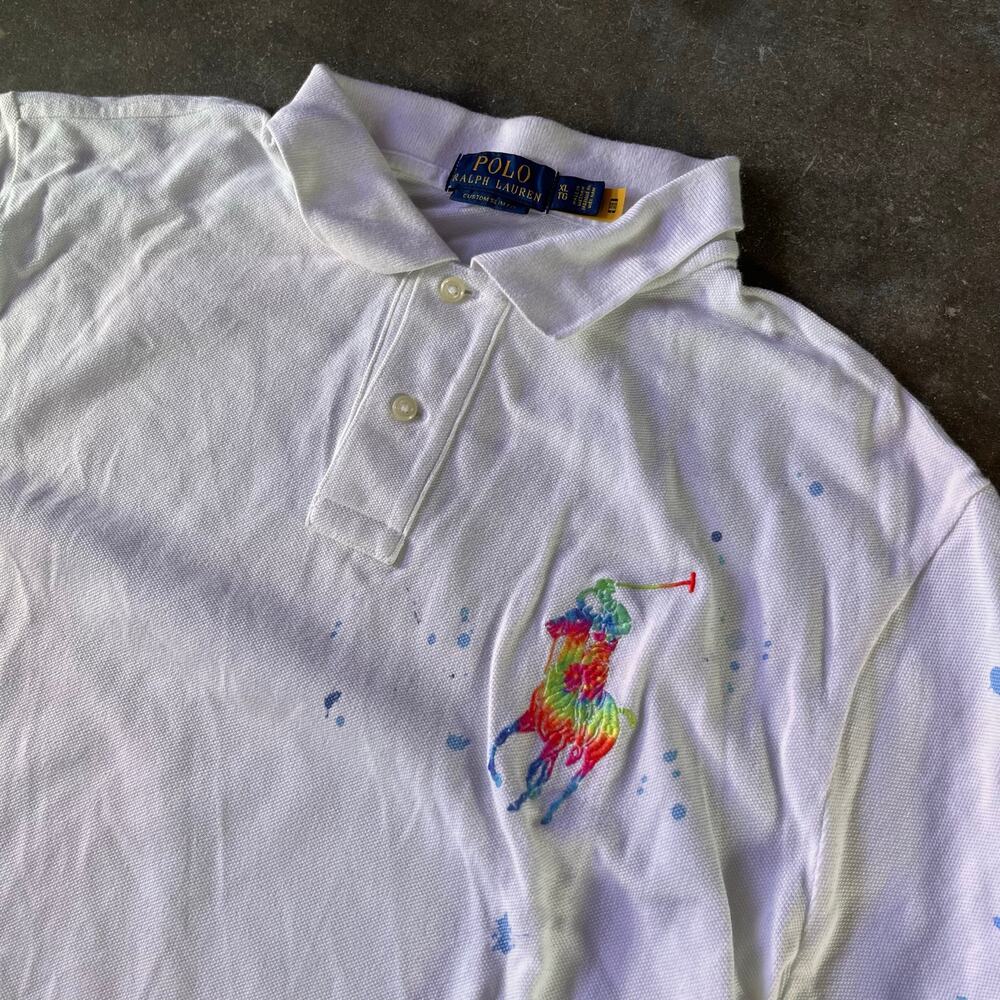 Modern big pony Ralph Lauren paint splatter white luxury/classy polo shirt